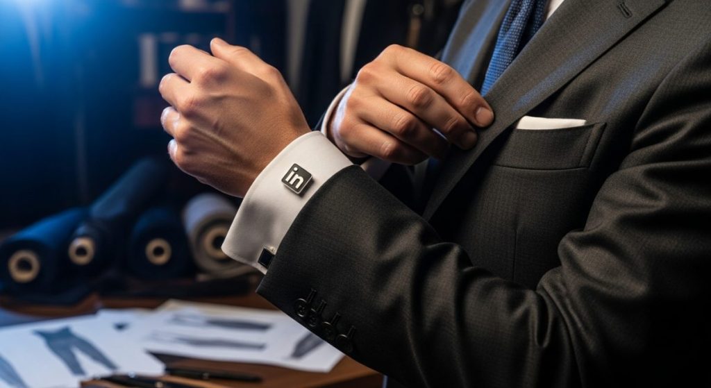 Manos ajustando un traje moderno con gemelo LinkedIn