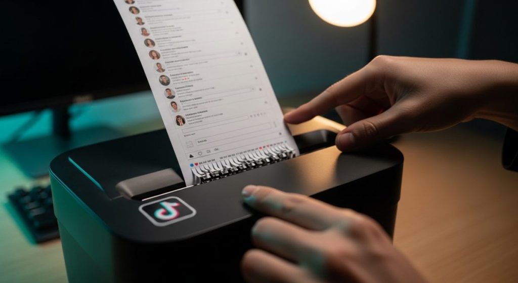 Manos alimentando tiras de papel en trituradora con logo de TikTok
