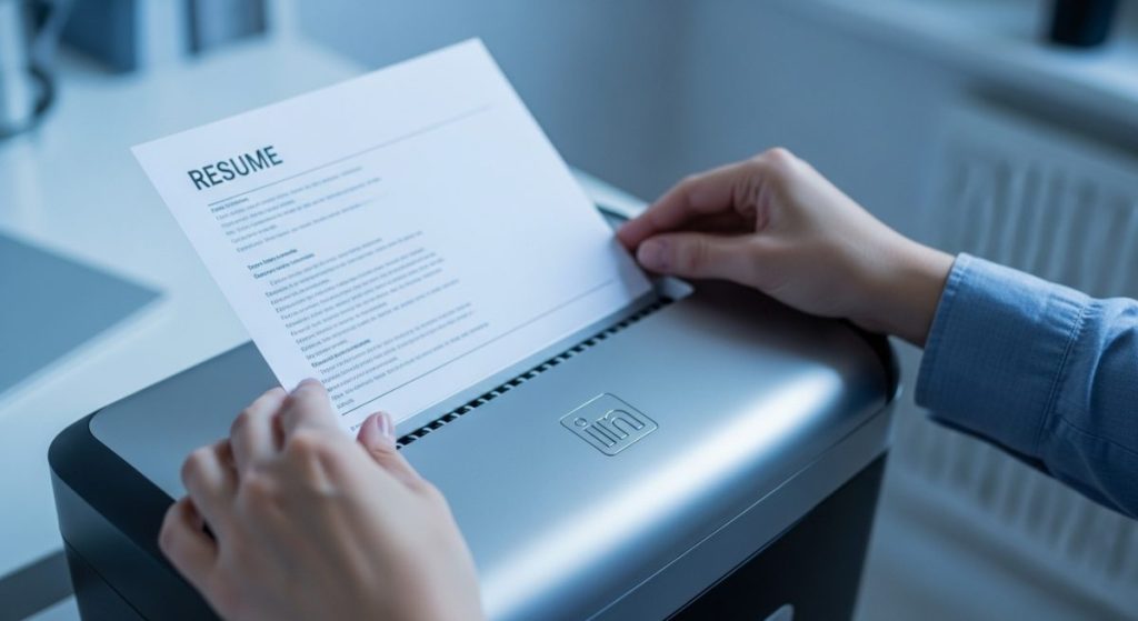 Manos alimentando un currículum en una trituradora LinkedIn moderna