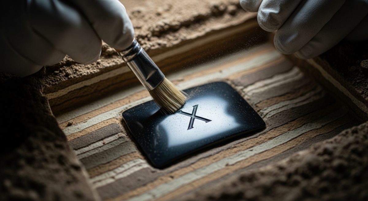 Manos arqueólogo descubriendo tableta obsidiana negra con logo X