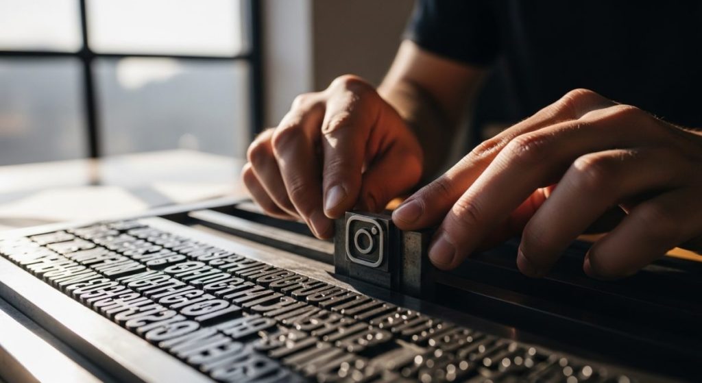 Manos arreglando bloques de imprenta con logo de Instagram