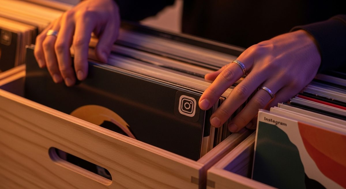 Manos buscando discos de vinilo con logo de Instagram visible