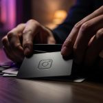Manos clasificando objetos de una billetera con tarjeta Instagram