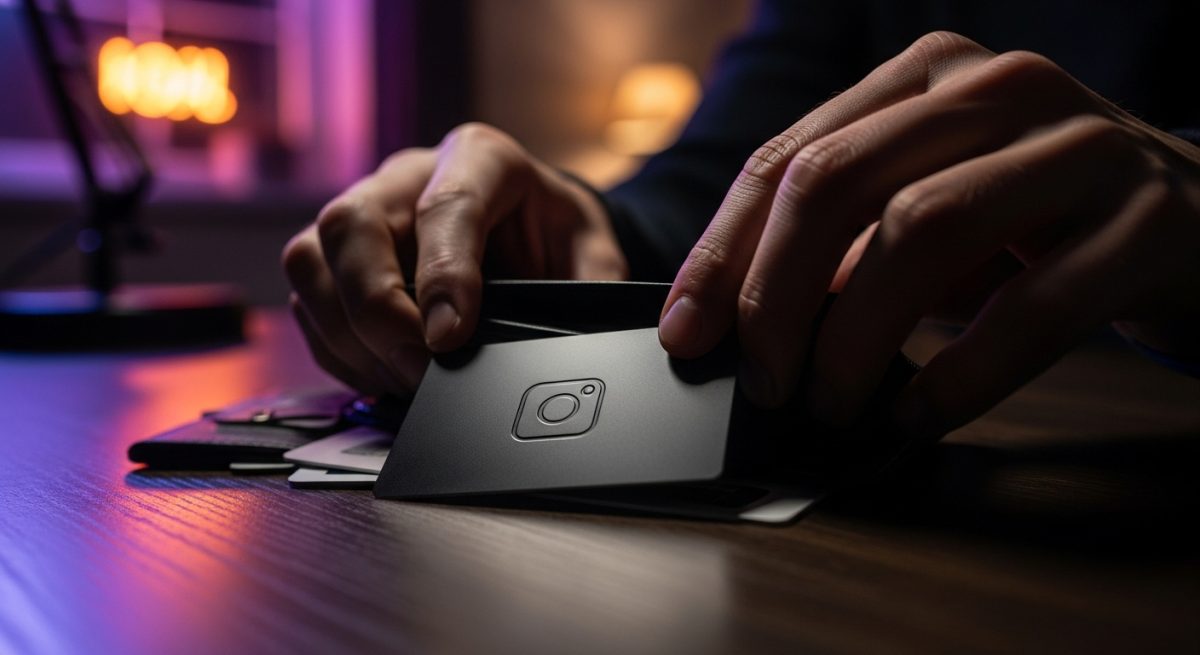 Manos clasificando objetos de una billetera con tarjeta Instagram