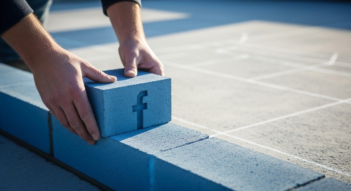Manos colocando un ladrillo azul con logo de Facebook en obra