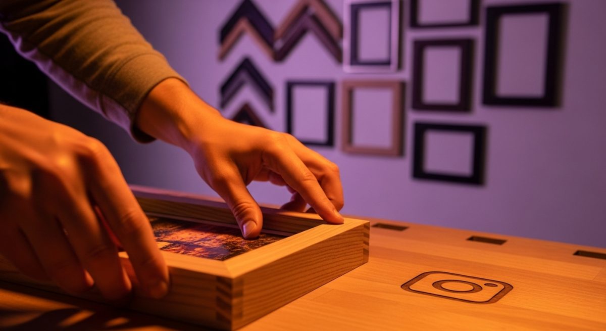 Manos colocando una fotografía en un marco de madera artesanal