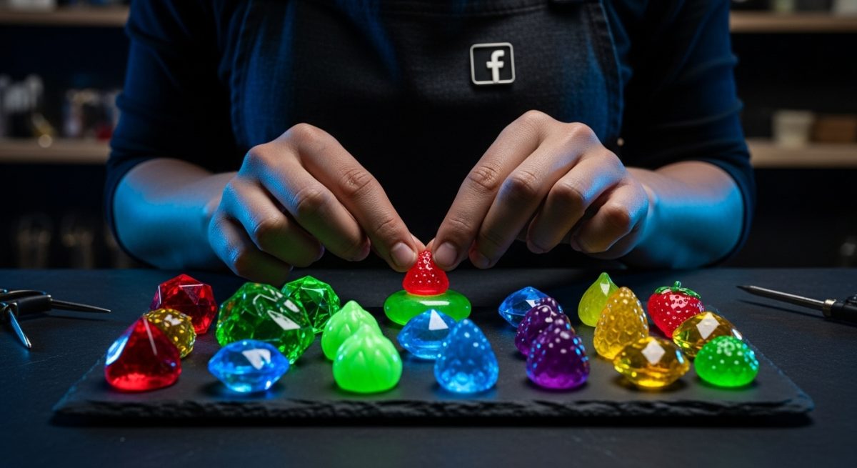 Manos con delantal oscuro organizando caramelos en forma de joyas