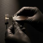 Manos con guantes negros colocando un pin metálico en corcho
