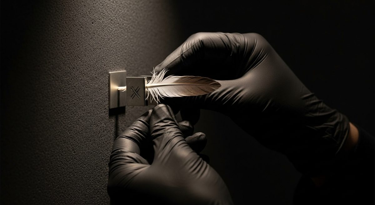 Manos con guantes negros colocando un pin metálico en corcho