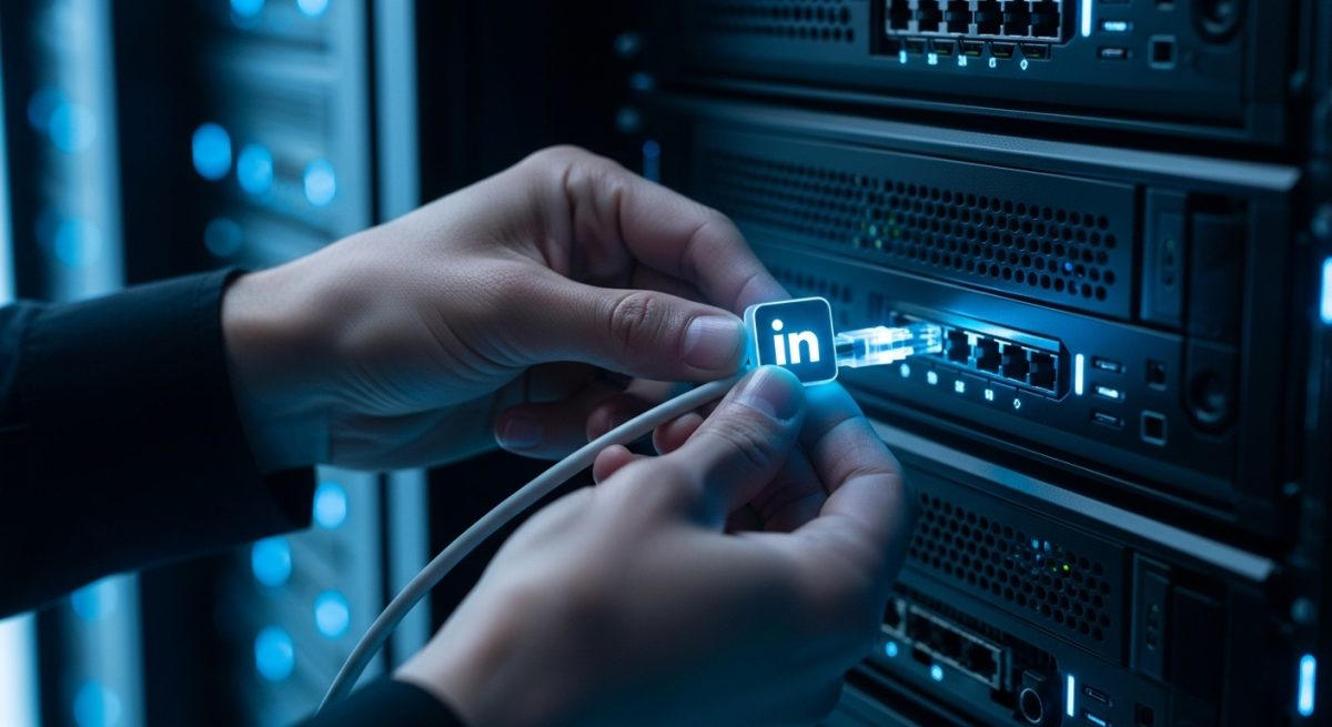 Manos conectando cable luminoso en servidor de centro de datos LinkedIn