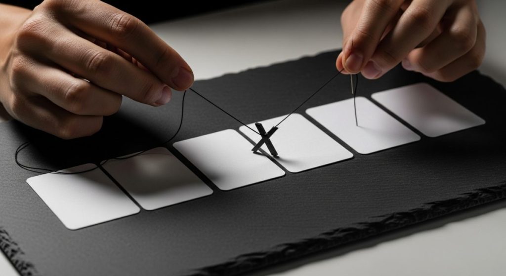 Manos cosiendo hilo negro a través de tarjetas blancas con pin X