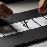 Manos cosiendo hilo negro a través de tarjetas blancas con pin X