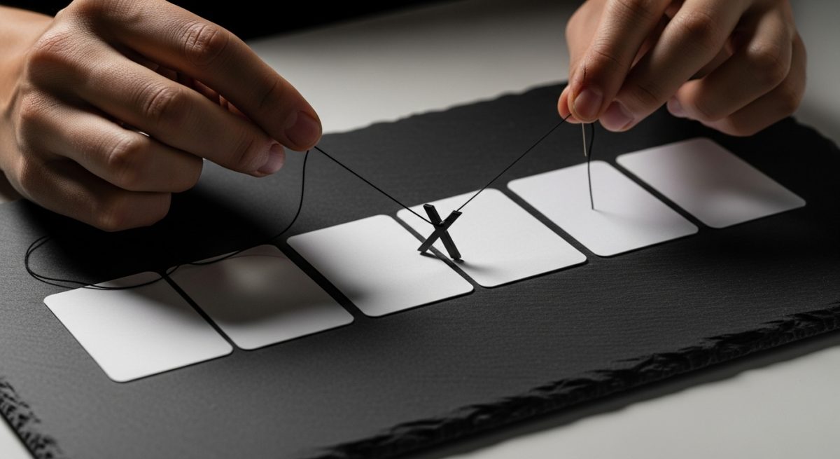 Manos cosiendo hilo negro a través de tarjetas blancas con pin X