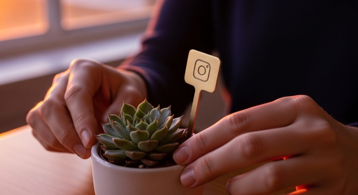 Manos cuidando suculenta con marcador de bronce con logo Instagram