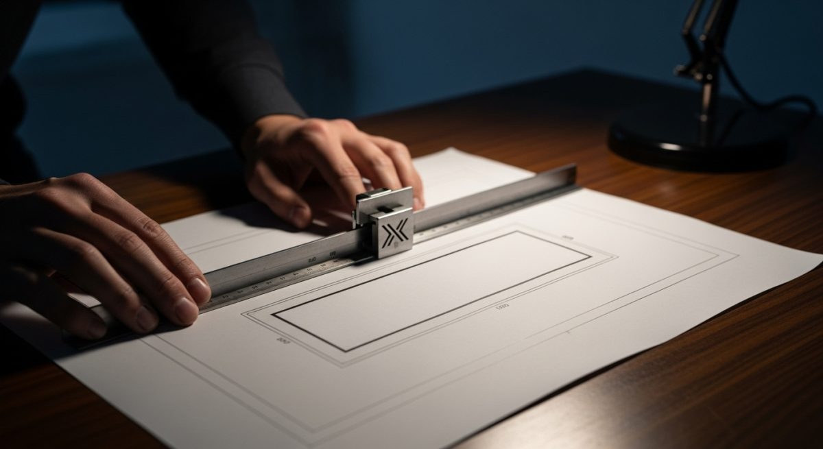 Manos de arquitecto alineando un escuadra metálica sobre plano técnico