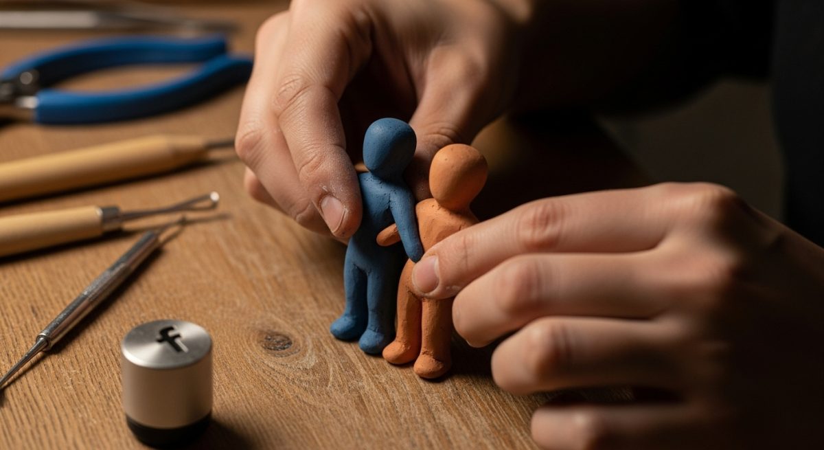 Manos de artista moldeando figurines de arcilla en mesa rústica