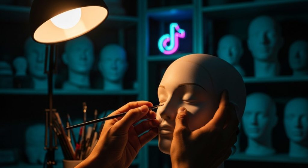Manos de artista pintando un maniquí de porcelana blanca