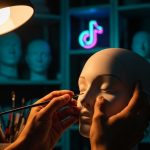 Manos de artista pintando un maniquí de porcelana blanca