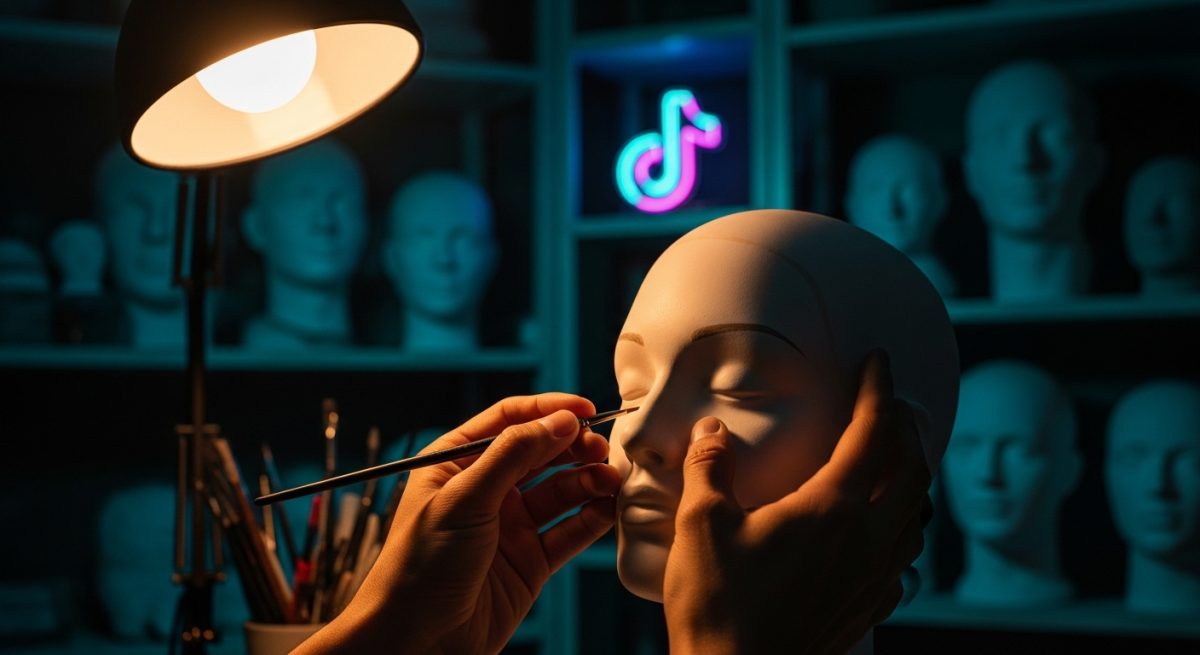 Manos de artista pintando un maniquí de porcelana blanca