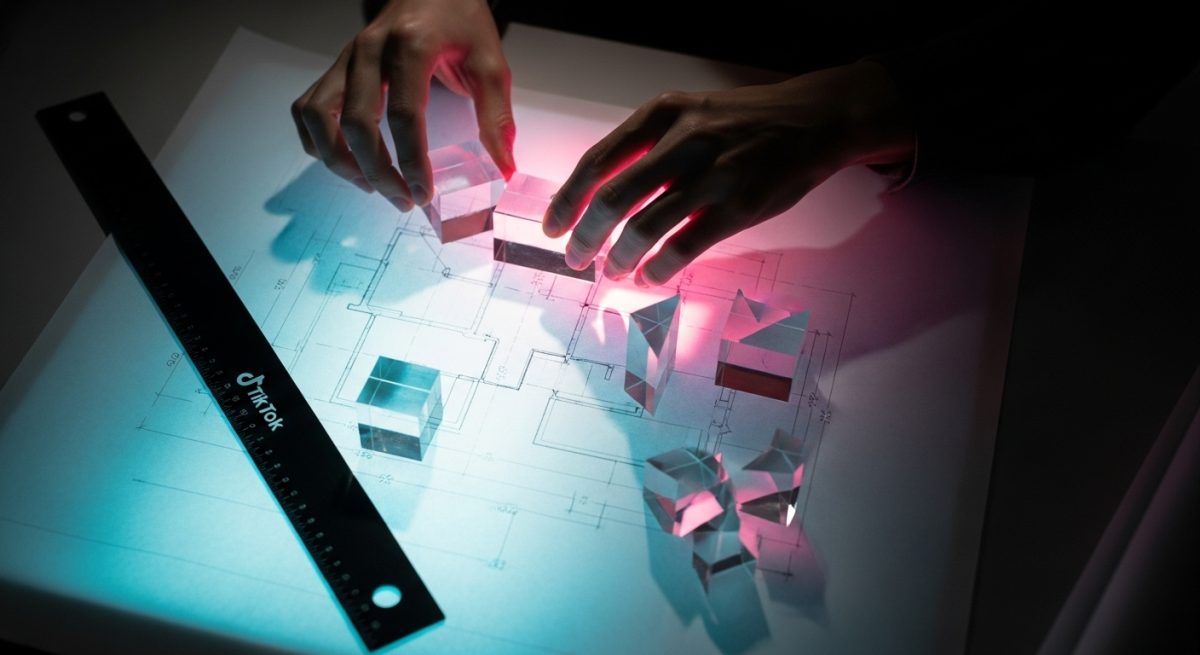 Manos de director creativo organizando bloques acrílicos sobre plano