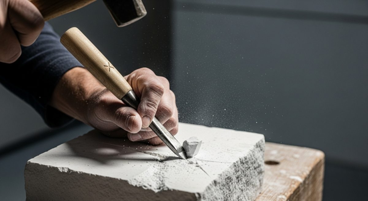 Manos de escultor tallando mármol blanco con cincel y martillo