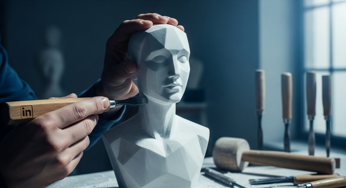 Manos de escultor usando un cincel en un busto de mármol