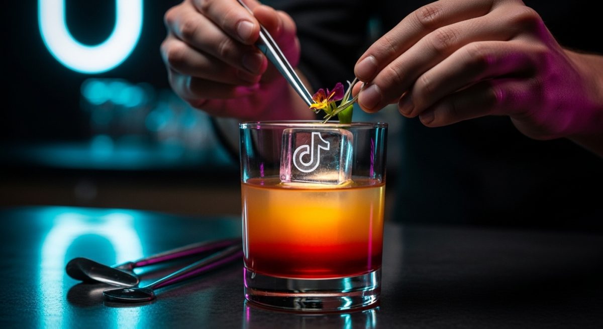Manos de mixólogo agregando guarnición a un cóctel con logo TikTok