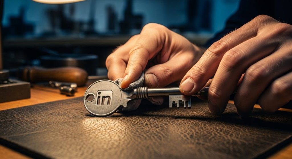 Manos de un artesano puliendo una llave con logo de LinkedIn