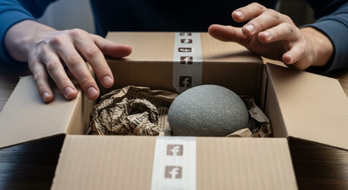Manos decepcionadas sobre caja de envío con logo de Facebook