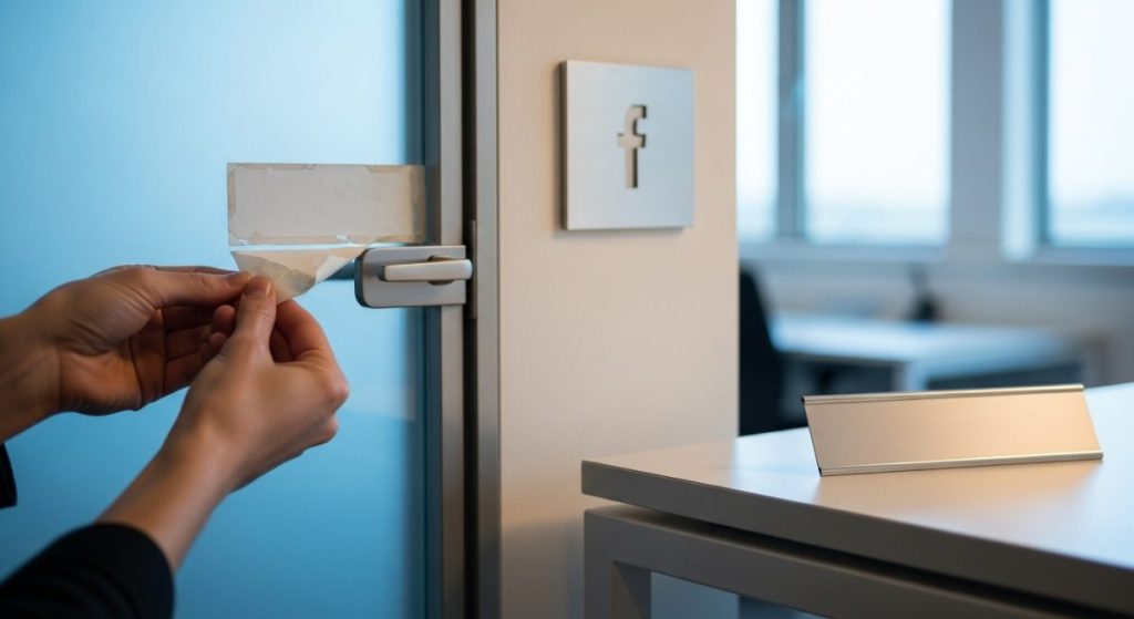 Manos despegando una etiqueta de una puerta de vidrio esmerilado