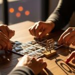 Manos diversas organizando fotos sobre mesa de madera con logo de Instagram