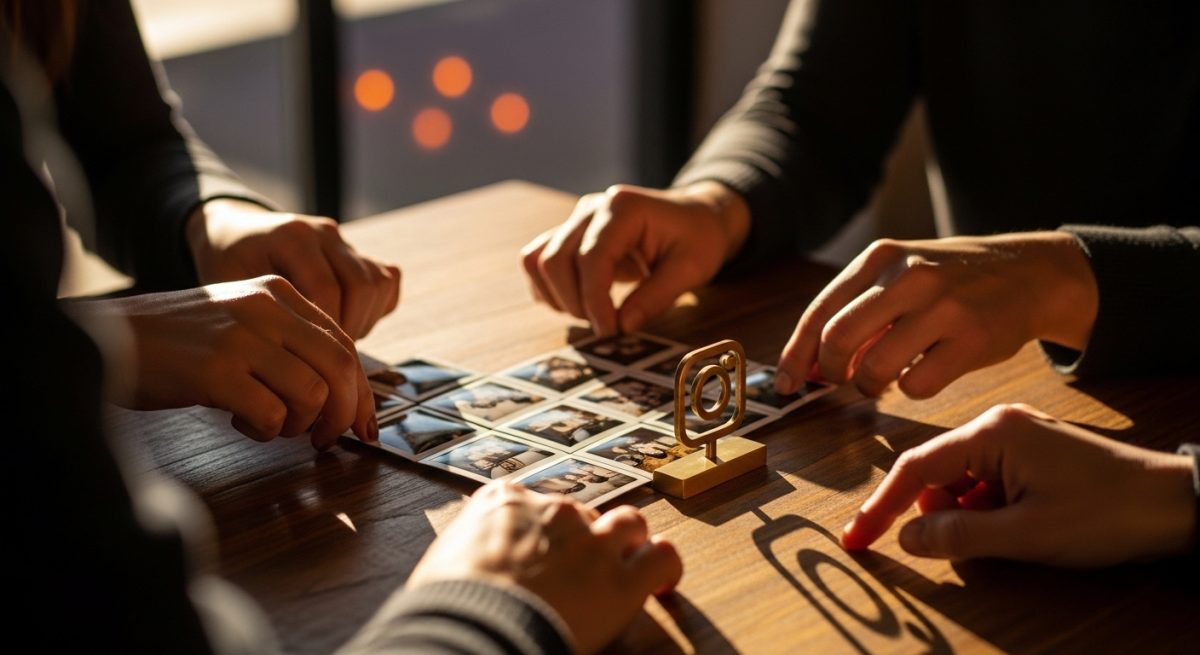 Manos diversas organizando fotos sobre mesa de madera con logo de Instagram