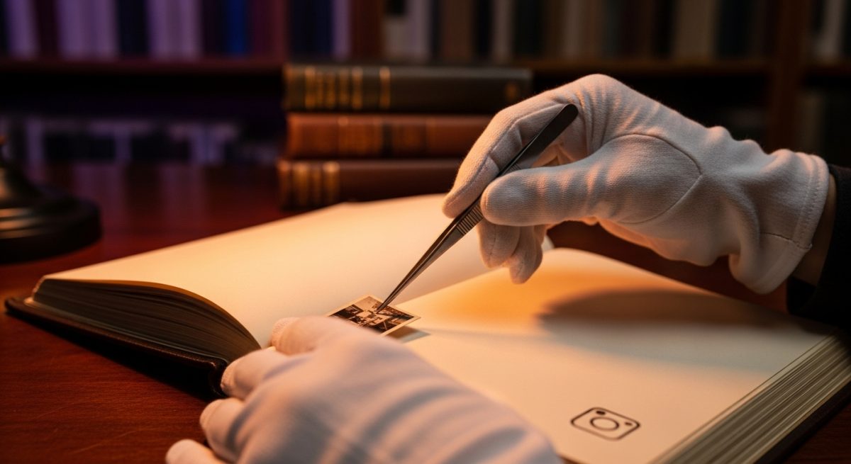 Manos en guantes blancos manejando fotografía en álbum con logo Instagram