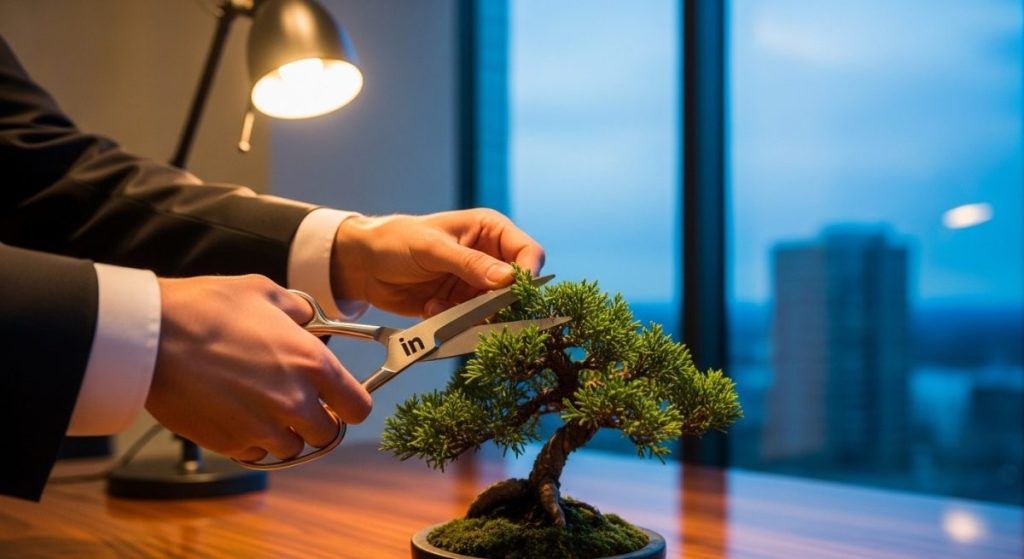 Manos en traje elegante podando bonsai con tijeras de LinkedIn