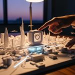 Manos estudiando un modelo arquitectónico con forma de logo de Instagram