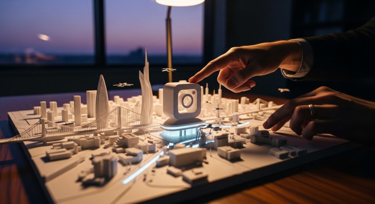 Manos estudiando un modelo arquitectónico con forma de logo de Instagram