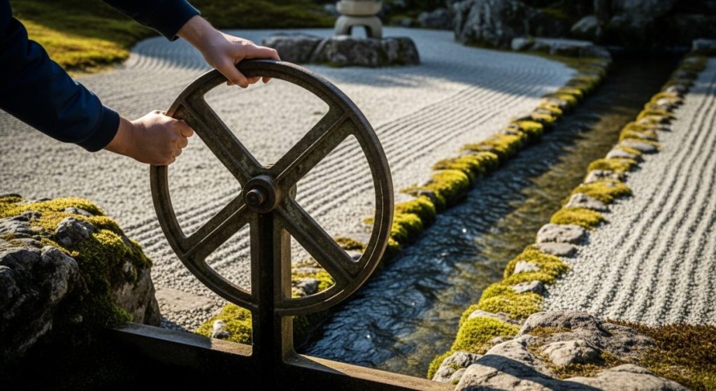 Manos girando una rueda de compuerta de hierro en jardín zen