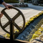 Manos girando una rueda de compuerta de hierro en jardín zen