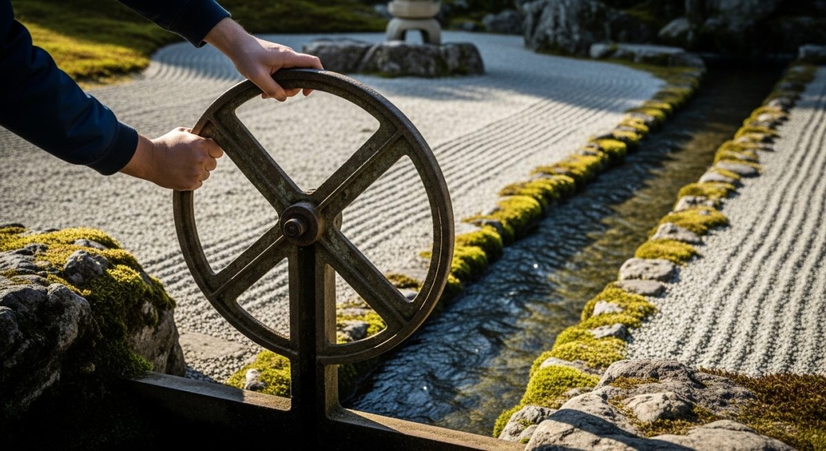 Manos girando una rueda de compuerta de hierro en jardín zen