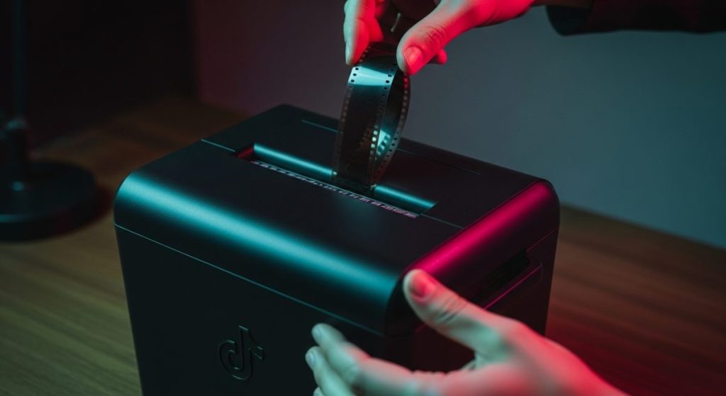 Manos insertando película 16mm en trituradora negra con logo TikTok