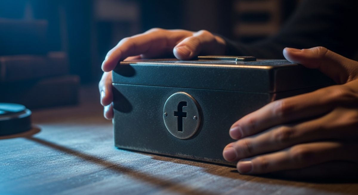 Manos intentando abrir una caja de metal vintage con logo de Facebook