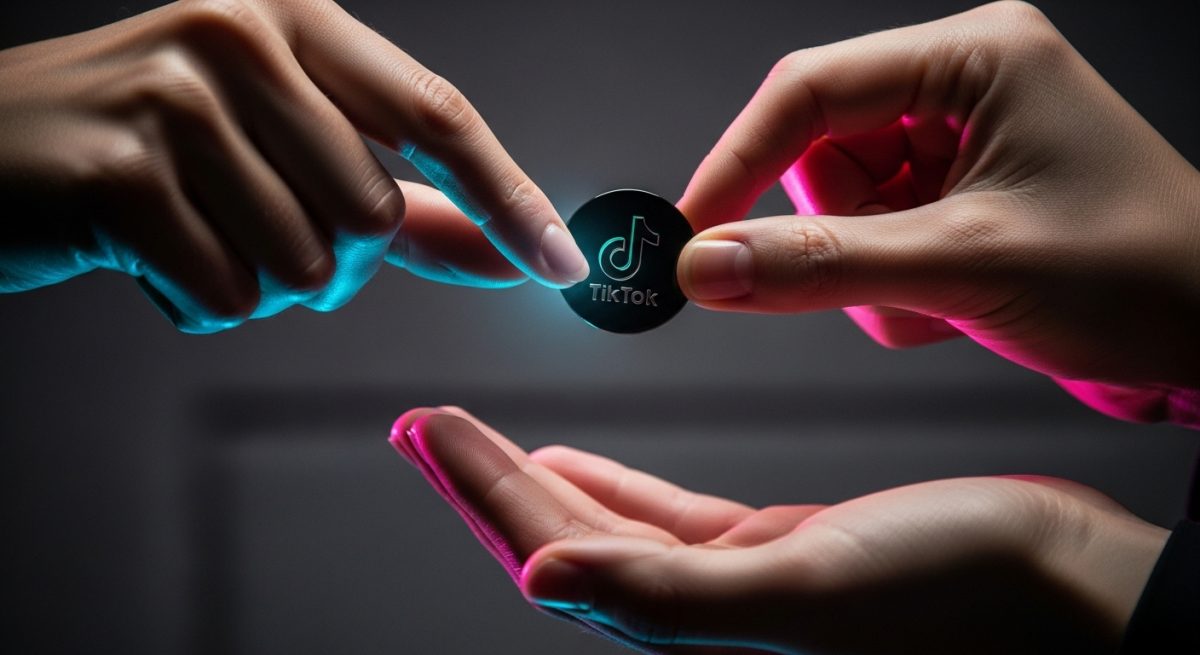 Manos intercambiando moneda de obsidiana con logo de TikTok