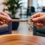 Manos intercambiando una llave con logo de cámara de Instagram