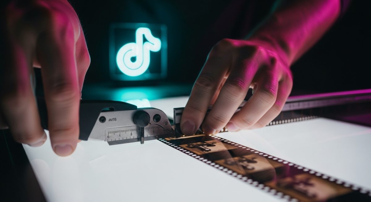 Manos midiendo y cortando película de celuloide en estudio