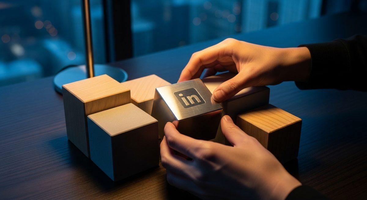 Manos organizando bloques con cubo de metal y logo de LinkedIn