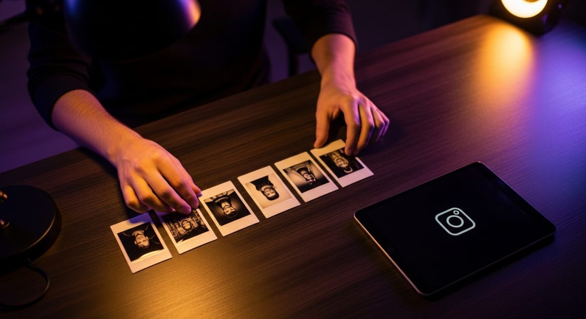 Manos organizando fotos de película instantánea en escritorio oscuro