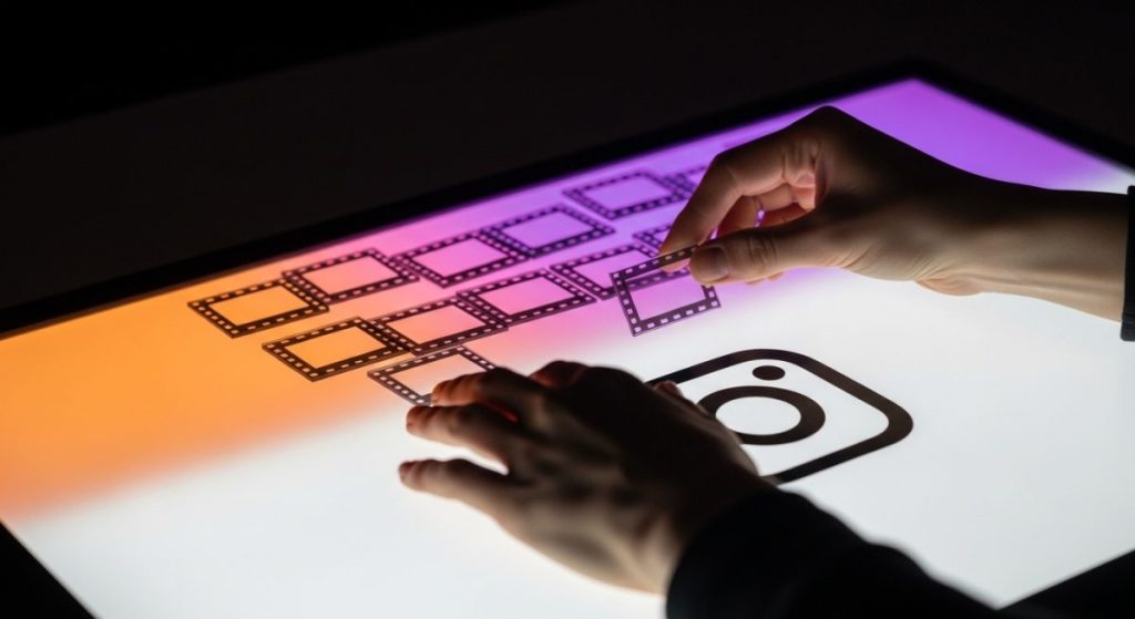 Manos organizando transparencias brillantes sobre mesa iluminada minimalista