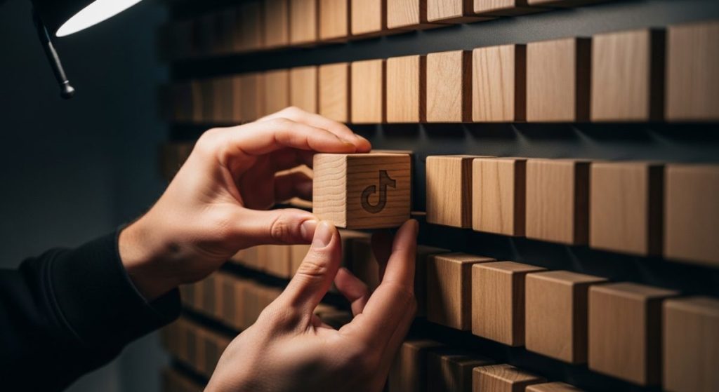 Manos retirando bloque de madera con logo de TikTok tallado
