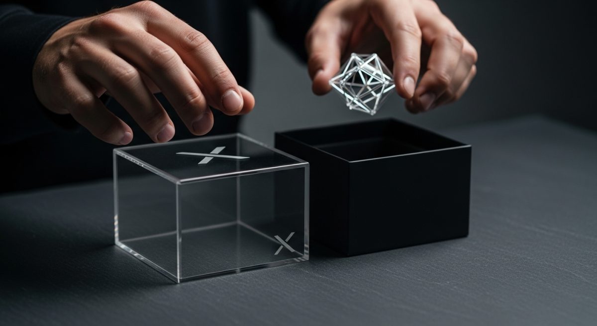 Manos sobre cajas modernas con logo X y objeto brillante