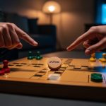 Manos sobre tablero de Ludo con pieza y logo de Meta